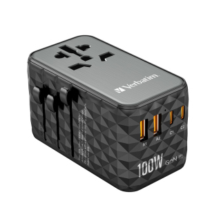 Verbatim Universal Travel Adapter Gan III 100W Support PD 3.0 & QC 4+, Charge 5 Devices, Flame Resistant Material With Travel Pouch