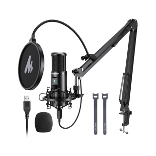 Maono Professional Condenser USB Microphone Set Pop Filter, Shock Mount, Vertical Reach, USB-B Type Connecter, Desk Mount - Black