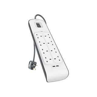 Belkin Surge Protection Strip Extension 8-Way 2-USB Ports 2M White/Grey