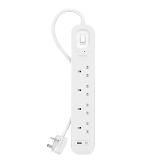 Belkin Surge Protection Strip Extension 4-Way 1-USB & 1-USB-C Ports 2M White