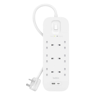 Belkin Surge Protection Strip Extension 6-Way 1-USB & 1-USB-C Ports 2M White