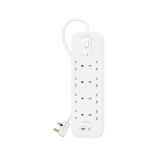 Belkin Surge Protection Strip Extension 8-Way 1-USB & 1-USB-C Ports 2M White