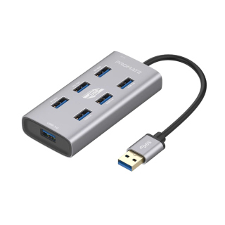 Promate EzHub-7 Aluminium Alloy USB Hub with Dual Input 7 USB Ports USB-C Adaptor 5Gbps Speed For Data & Charge