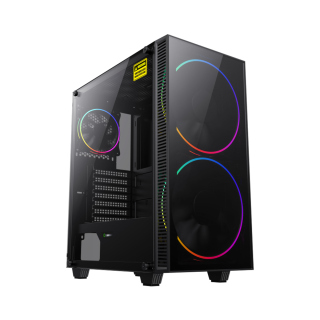 GameMax Black Hole Rainbow ATX Mid Tower Front Panel Tempered Glass Side Panel Case With 3 ARGB Fans - Black