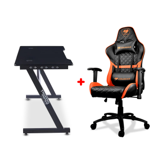 Cougar Armor One PVC Leather Material Gaming Chair - Black/Orange + Twisted Minds Z Shaped Ergonomic RGB Gaming Desk