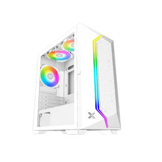 Xigmatek Gemini II ATX Mesh Grill Left Side Tempered Glass Panel Case with 3 Rainbow RGB Fans - White