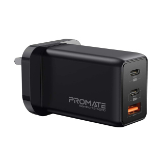Promate 65W Power Delivery GaNFast™ Charging Adaptor UK Plug Charge From Earbuds to Macbook Pro 16" Black