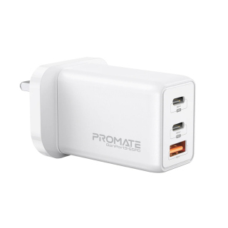 Promate 65W Power Delivery GaNFast Charging Adaptor UK Plug Charge From Earbuds to Macbook Pro 16 - White