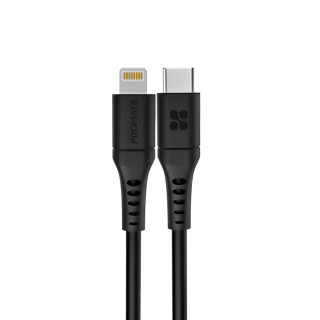 Promate PowerLink 20W Power Delivery Ultra Fast USB-C to Lightning Soft Silicone Cable - Black