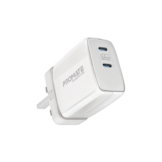 Promate Power Port 65W Super Speed GaNFast Charging Adapter with Dual USB Ports - White