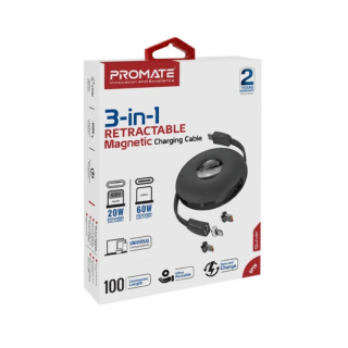 Promate 3-in-1 Retractable Magnetic Charging Cable
