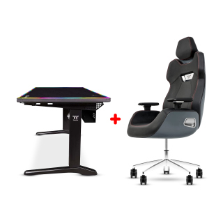 Thermaltake Argent E700 Real Leather 4D Adjustable Armrest Gaming Chair (Space Gray) + Thermaltake Level 20 RGB Battlestation Gaming Desk Full Frame RGB LED Lighting