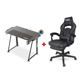 Twisted Minds Vintage Flip-up Series Gaming Chair (Black) + Twisted Minds A Shaped Carbon Fiber Texture RGB Gaming Desk